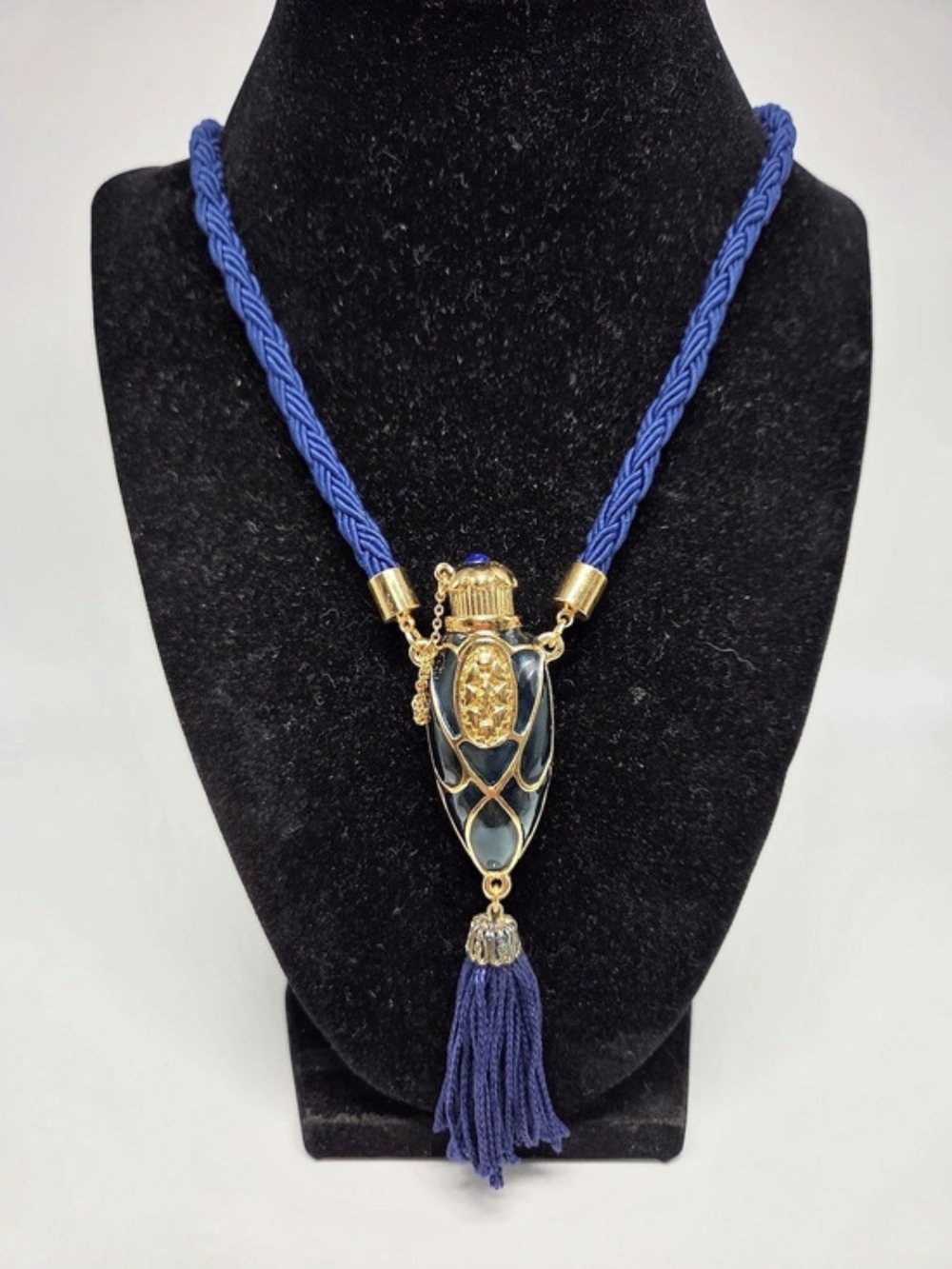 Avon Blue & Gold Pendant Tassel Perfume Necklace
